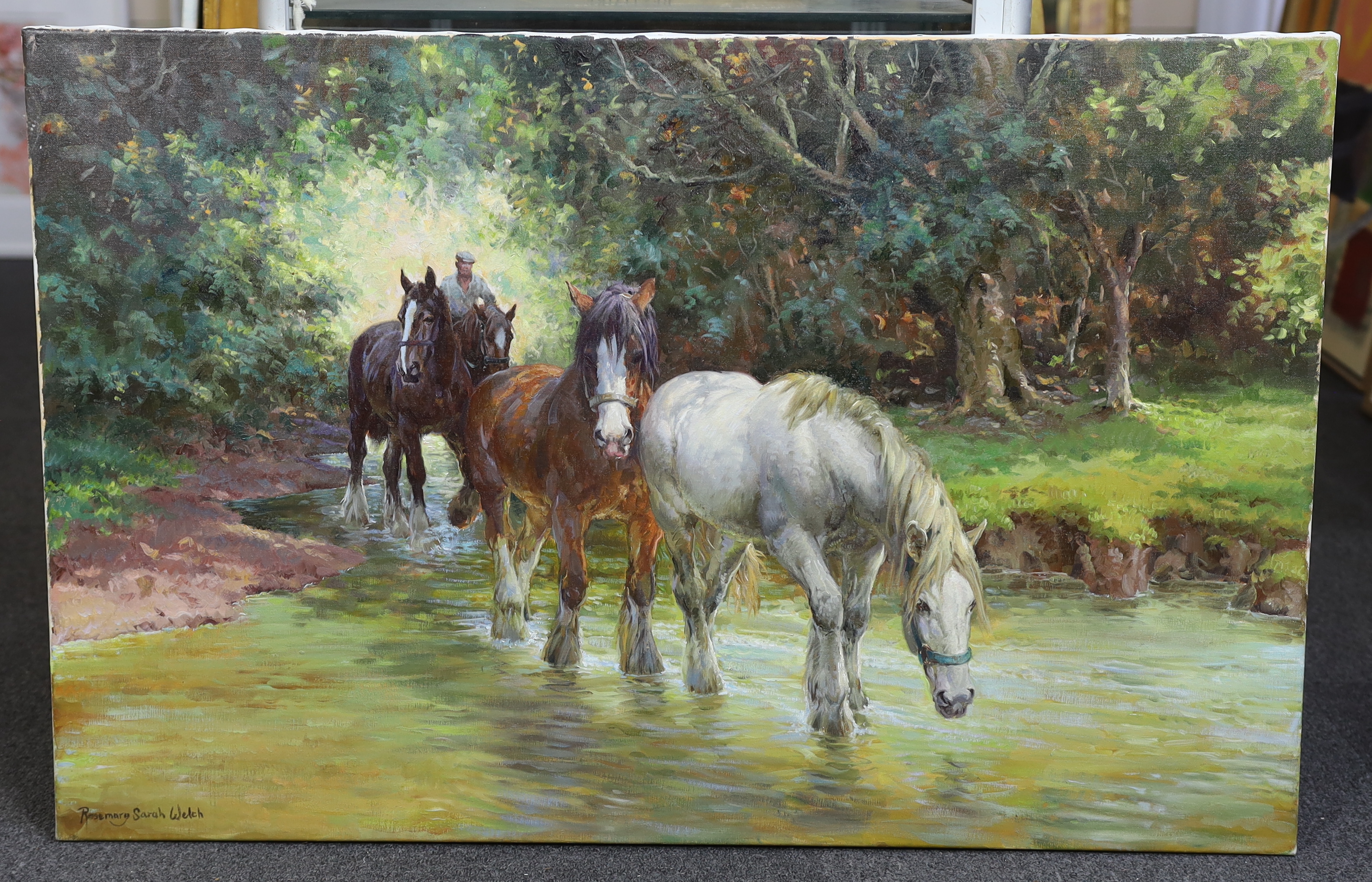 Rosemary Sarah Welch (English, b.1946), Horses crossing a stream, oil on canvas, 65 x 100cm, unframed
